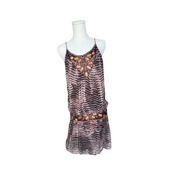 Sue Wong Vintage Y2K Brown Tie Dye Silk Boho Drop Waist Beaded Mini Dress M Sue Wong Vintage Y2K Brown Tie Dye Silk Boho Drop Waist Beaded Mini Dress M